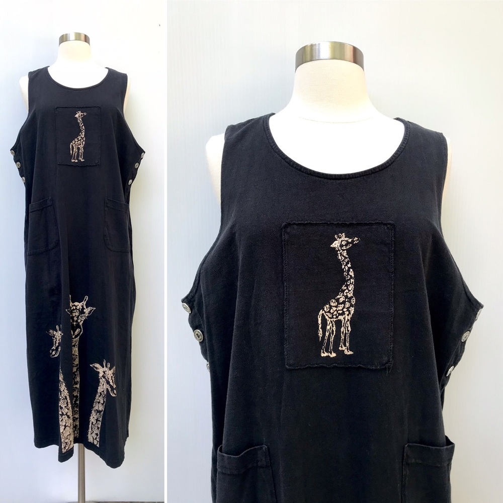 Vintage 90’s black cotton smock apron dress giraffe animal design